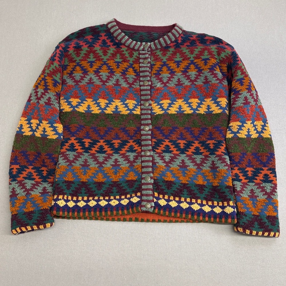 Maggie White England Fair Isle Geometric Knit Cardigan Sweater Multicolor Size M